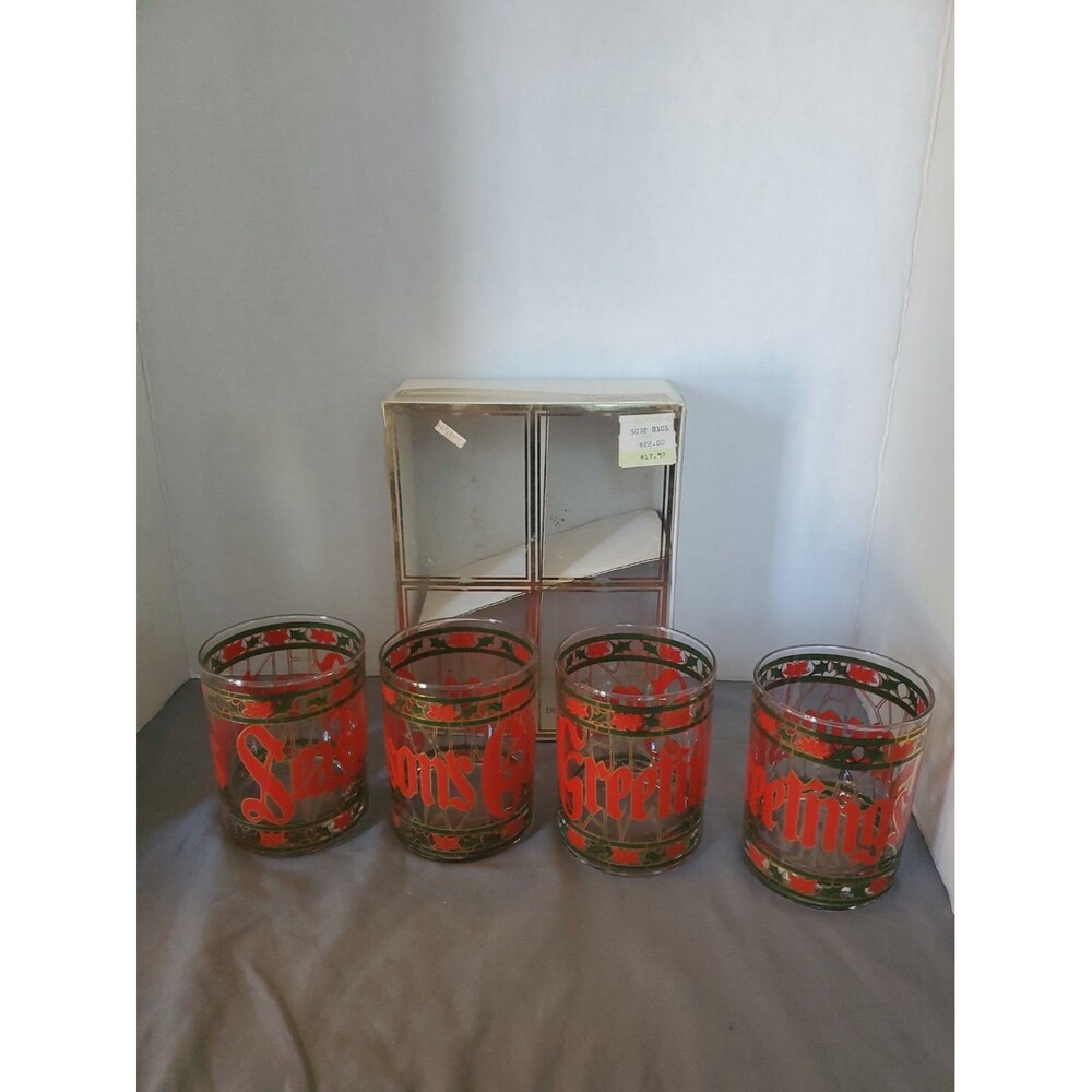 4 Vtg Seasons Greetings MCM Double Old Fashion Rock Glass Christmas Culver